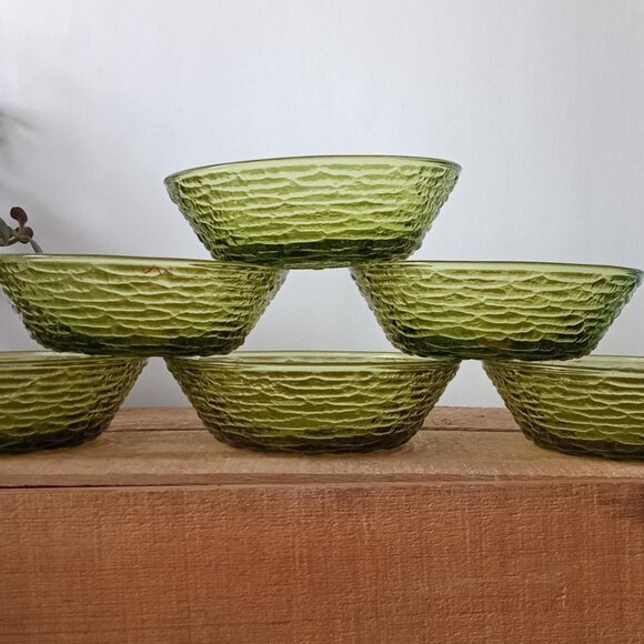 (Set - 6) Vintage Mid-Century Avocado Green Glass Bowls "Soreno" Anchor Hocking - Picture 4 of 9